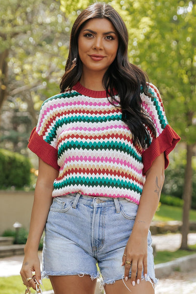Women's Multicolor Scalloped Pointelle Knit Short Sleeve Sweater