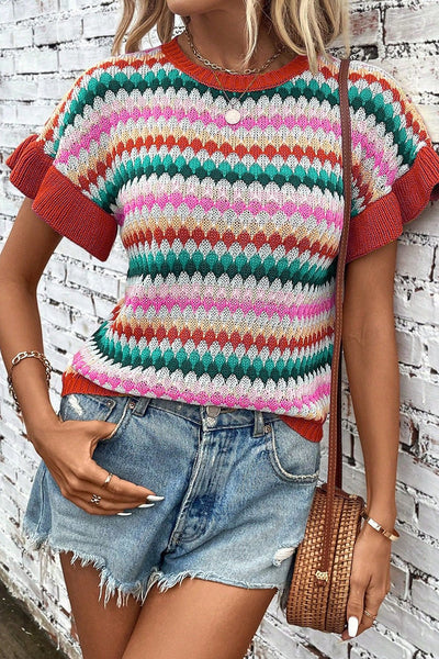 Women's Multicolor Scalloped Pointelle Knit Short Sleeve Sweater