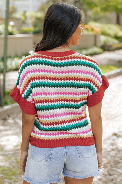 Women's Multicolor Scalloped Pointelle Knit Short Sleeve Sweater