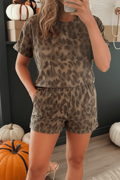 Muted Leopard Print Lounge Set: Crew Neck Tee & Pocketed Shorts