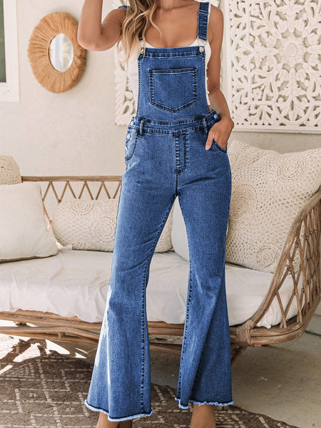 High Stretch Denim Washed Overalls with Ripped Roll Up Hem and Adjustable Strap Women's Jumpsuit