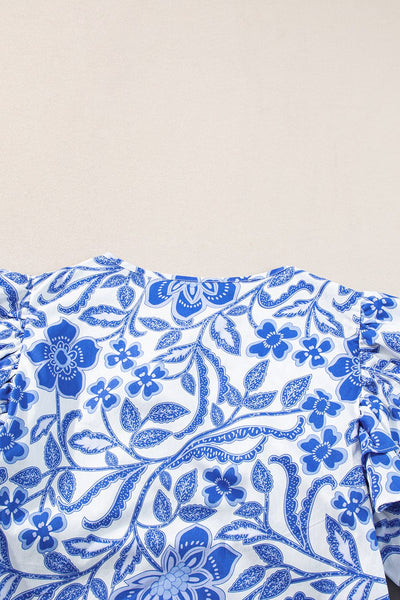 Navy Blue Flower Patterned Ruffle Bubble Sleeve Top