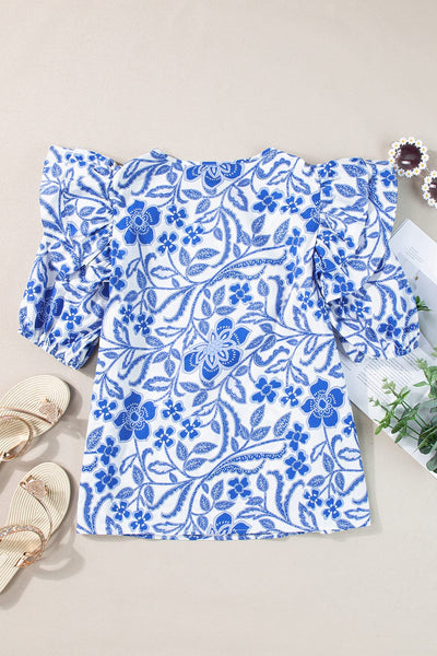 Navy Blue Flower Patterned Ruffle Bubble Sleeve Top