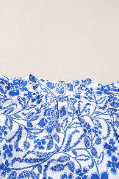Navy Blue Flower Patterned Ruffle Bubble Sleeve Top