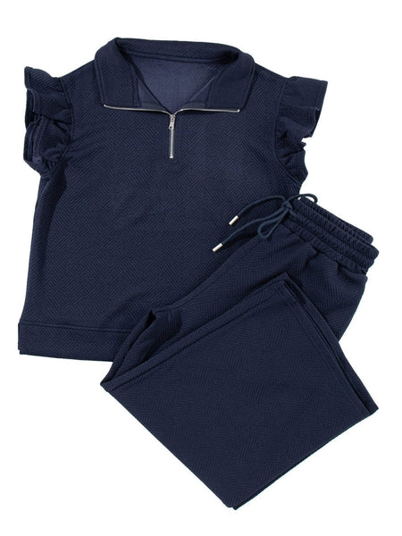 Women's Half-Zip Ruffle Top and Wide Leg Pant Set