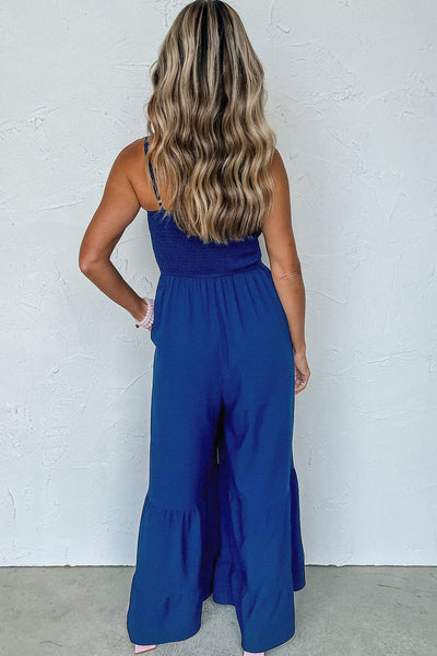 Navy Blue Smocked Spaghetti Strap Wide Leg Jumpsuit with Ruffle Detail