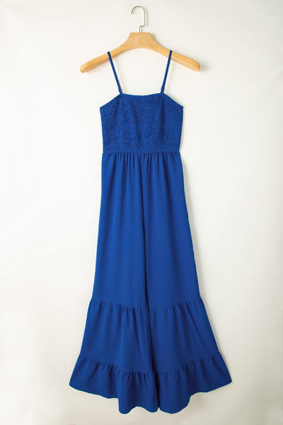 Navy Blue Smocked Spaghetti Strap Wide Leg Jumpsuit with Ruffle Detail