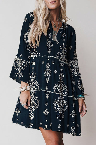 Navy Boho Floral Mini Dress with Lettuce Trim & 3/4 Sleeves