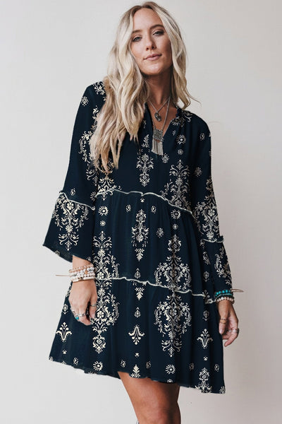Navy Boho Floral Mini Dress with Lettuce Trim & 3/4 Sleeves