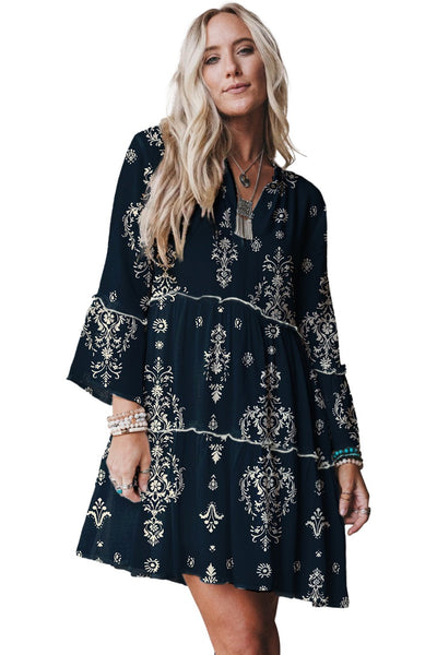 Navy Boho Floral Mini Dress with Lettuce Trim & 3/4 Sleeves