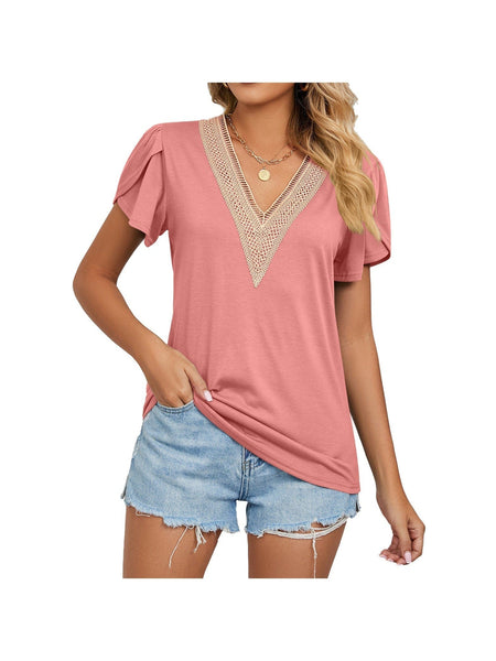New golden lace women's V-neck tile short-sleeved solid color T-shirt top