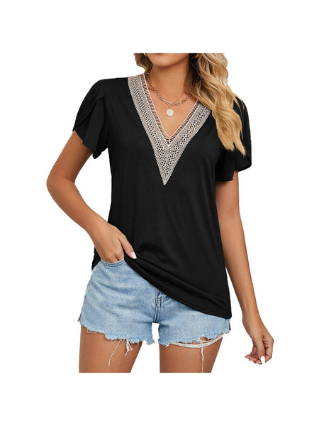 New golden lace women's V-neck tile short-sleeved solid color T-shirt top