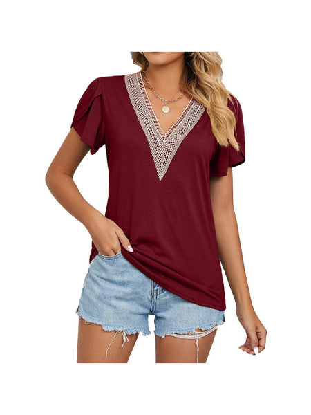 New golden lace women's V-neck tile short-sleeved solid color T-shirt top