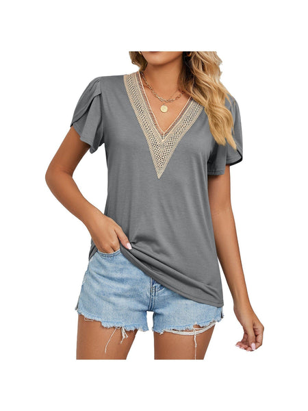 New golden lace women's V-neck tile short-sleeved solid color T-shirt top