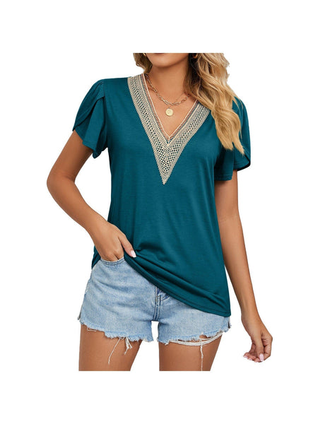 New golden lace women's V-neck tile short-sleeved solid color T-shirt top
