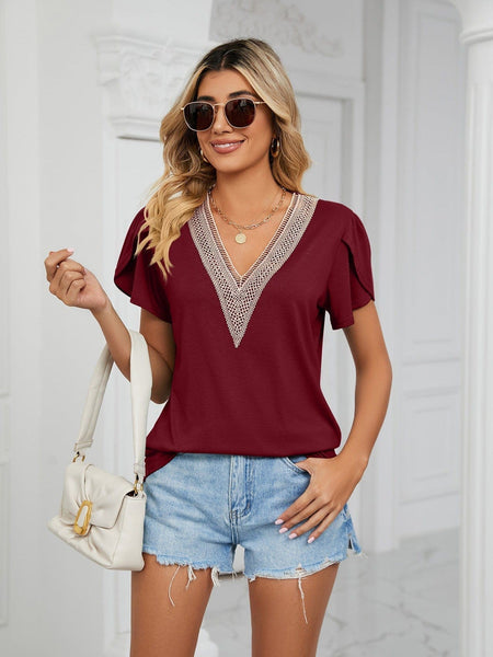 New golden lace women's V-neck tile short-sleeved solid color T-shirt top