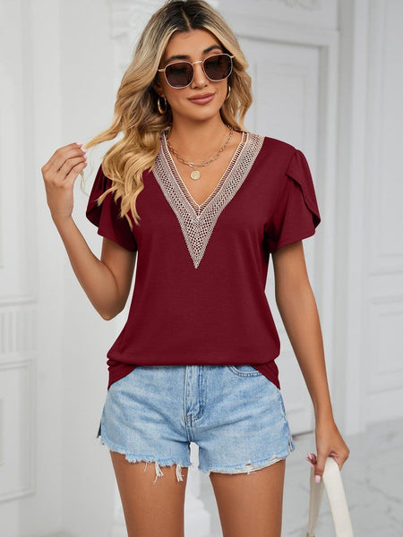 New golden lace women's V-neck tile short-sleeved solid color T-shirt top