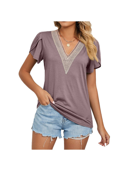 New golden lace women's V-neck tile short-sleeved solid color T-shirt top