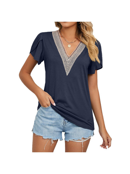 New golden lace women's V-neck tile short-sleeved solid color T-shirt top