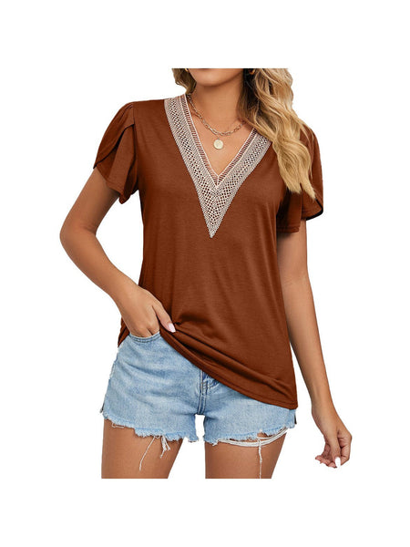 New golden lace women's V-neck tile short-sleeved solid color T-shirt top