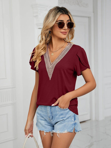 New golden lace women's V-neck tile short-sleeved solid color T-shirt top