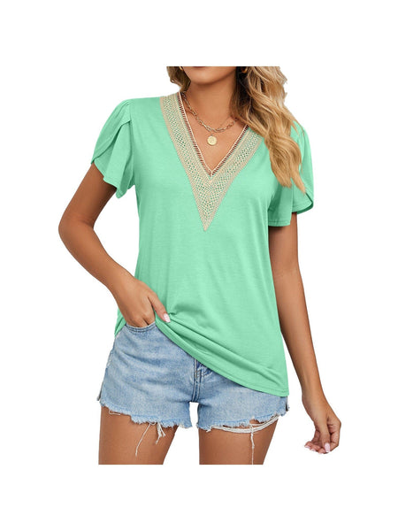 New golden lace women's V-neck tile short-sleeved solid color T-shirt top
