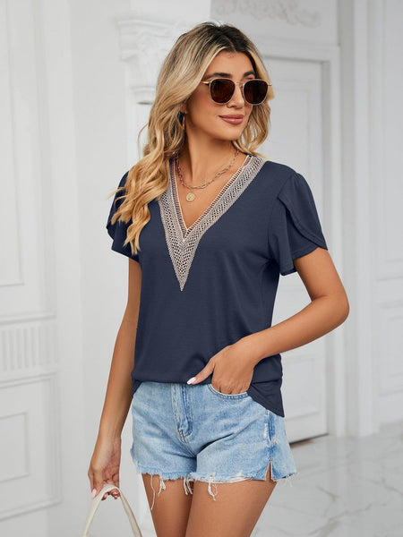 New golden lace women's V-neck tile short-sleeved solid color T-shirt top