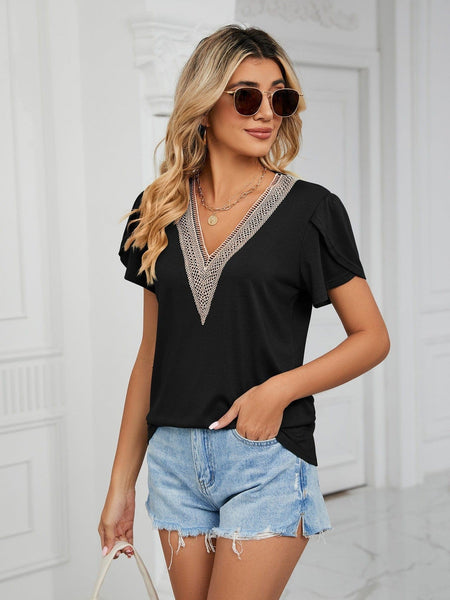 New golden lace women's V-neck tile short-sleeved solid color T-shirt top