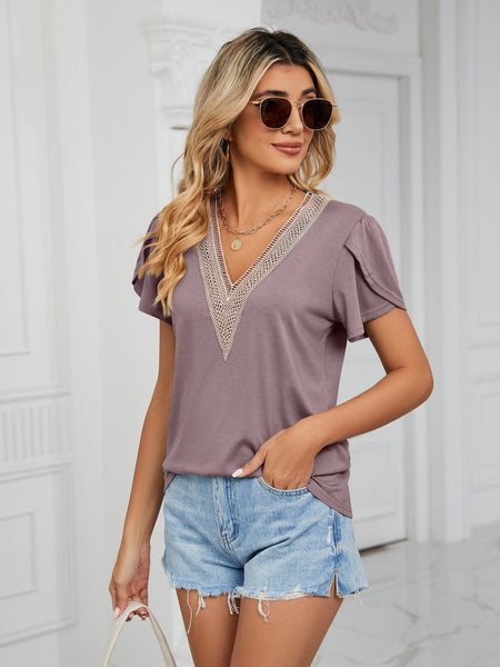 New golden lace women's V-neck tile short-sleeved solid color T-shirt top