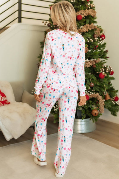 Nutcracker Holiday Print Lounge Set: Wide-Leg Pants & Long Sleeve Top