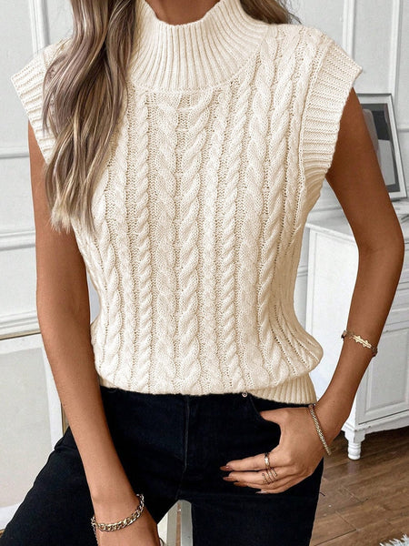 Women's Oatmeal High Neck Cable Knit Sleeveless Sweater Vest