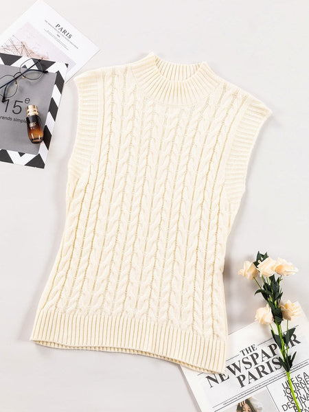Women's Oatmeal High Neck Cable Knit Sleeveless Sweater Vest