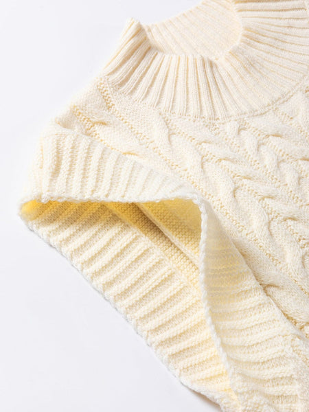 Women's Oatmeal High Neck Cable Knit Sleeveless Sweater Vest
