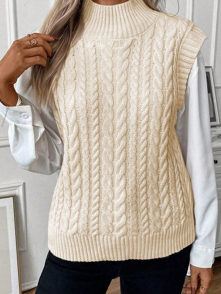 Women's Oatmeal High Neck Cable Knit Sleeveless Sweater Vest