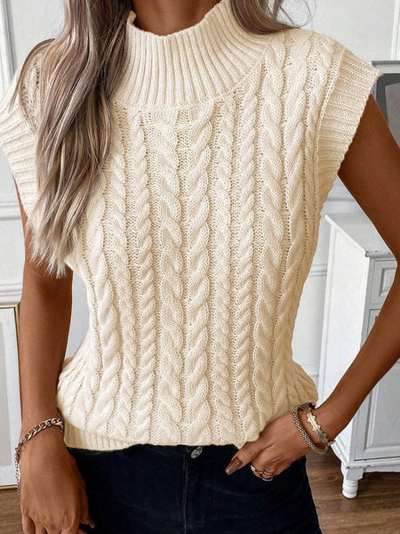 Women's Oatmeal High Neck Cable Knit Sleeveless Sweater Vest