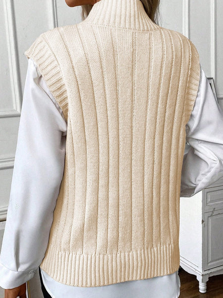 Women's Oatmeal High Neck Cable Knit Sleeveless Sweater Vest