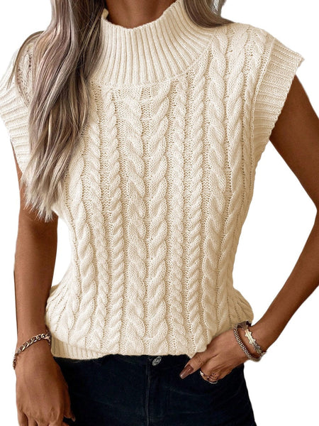 Women's Oatmeal High Neck Cable Knit Sleeveless Sweater Vest