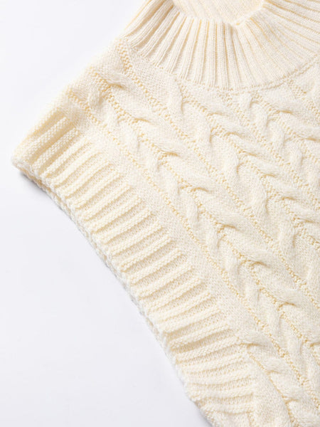 Women's Oatmeal High Neck Cable Knit Sleeveless Sweater Vest