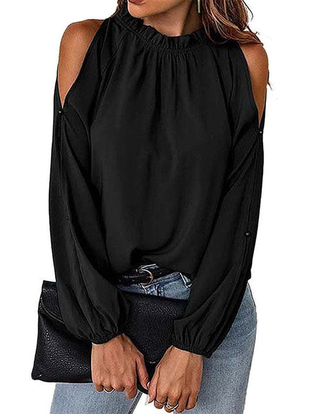 Off-Shoulder Chiffon Pullover Top With Loose Long Sleeves For Women In Solid Color And Round Neck