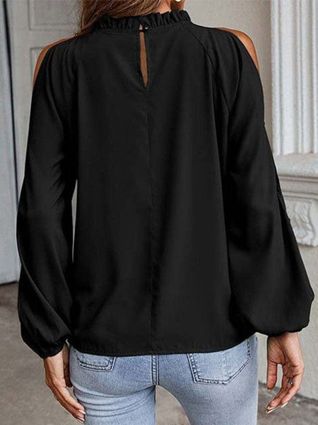 Off-Shoulder Chiffon Pullover Top With Loose Long Sleeves For Women In Solid Color And Round Neck