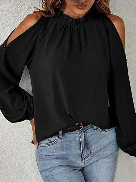 Off-Shoulder Chiffon Pullover Top With Loose Long Sleeves For Women In Solid Color And Round Neck