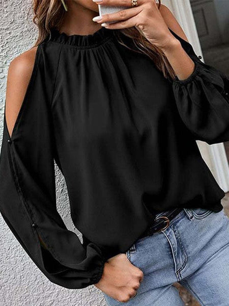 Off-Shoulder Chiffon Pullover Top With Loose Long Sleeves For Women In Solid Color And Round Neck