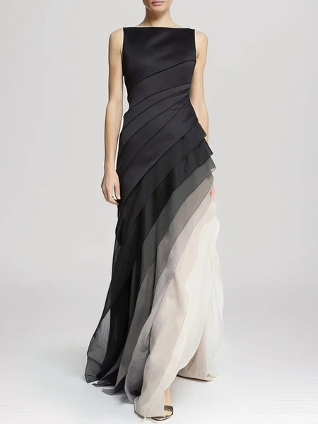 Women's Ombre Tiered Asymmetric Gown in Black and Cream