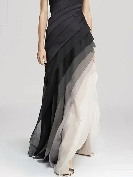 Women's Ombre Tiered Asymmetric Gown in Black and Cream