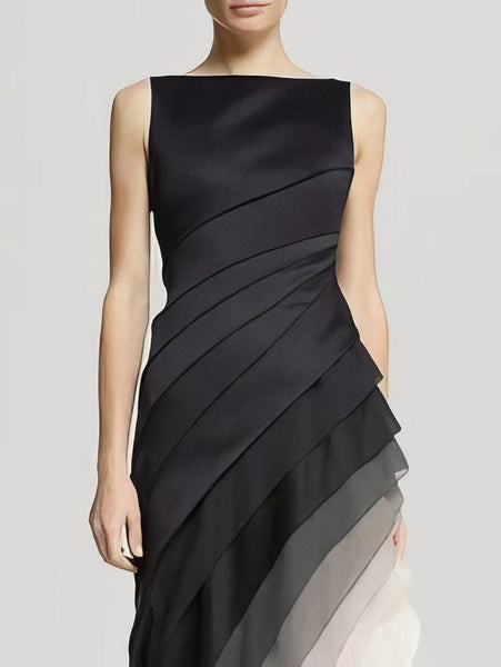 Women's Ombre Tiered Asymmetric Gown in Black and Cream