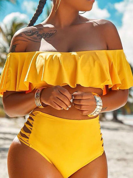 One Shoulder Ruffled Ladder Cutout Bikini