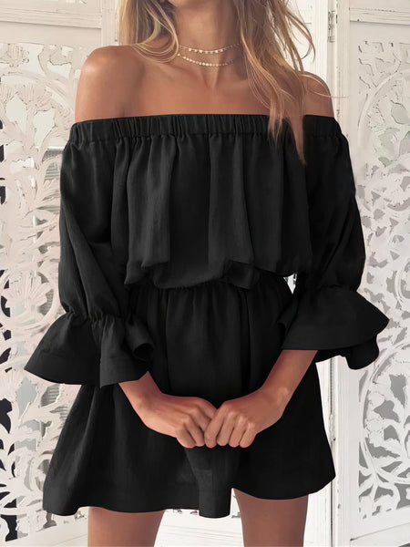 One shoulder Waisted Three-quarter Sleeve Dress