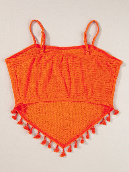 Orange Fringed Textured Spaghetti Strap Tank Top