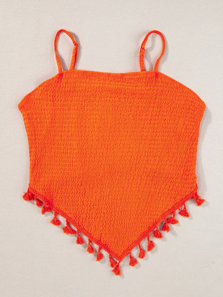 Orange Fringed Textured Spaghetti Strap Tank Top