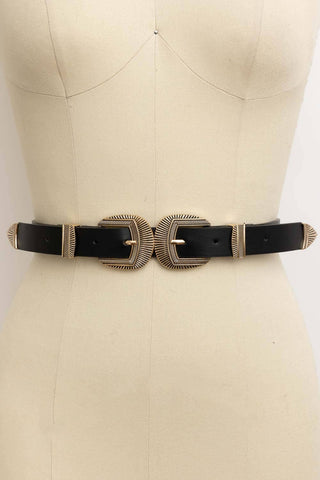 Double Buckle Faux Leather Western Style Belt: Black